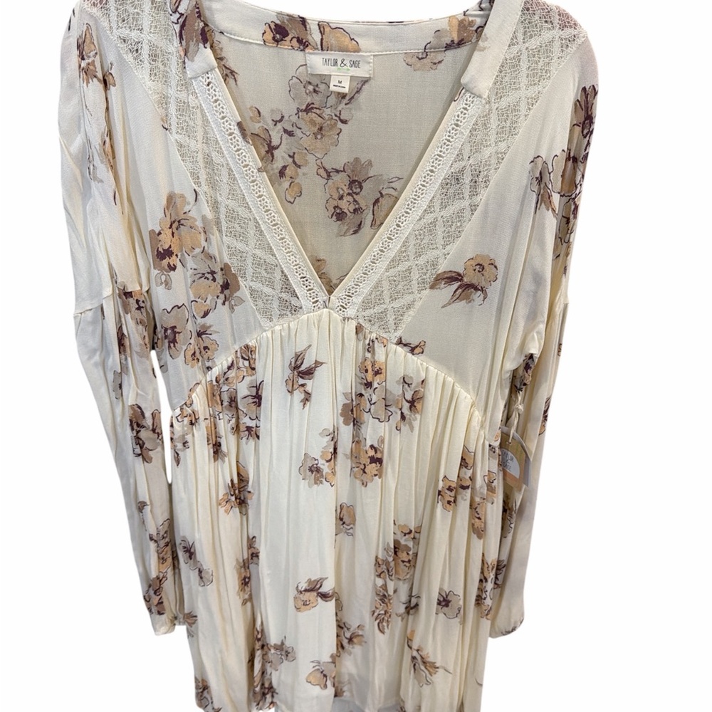 Taylor & Sage Cream Floral Lace-Trim Boho Tunic